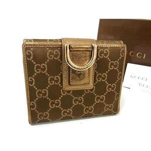 Gucci Wallet Abby 141415 Gold Brown Canvas Leather Ladies GG Pattern W Hook
